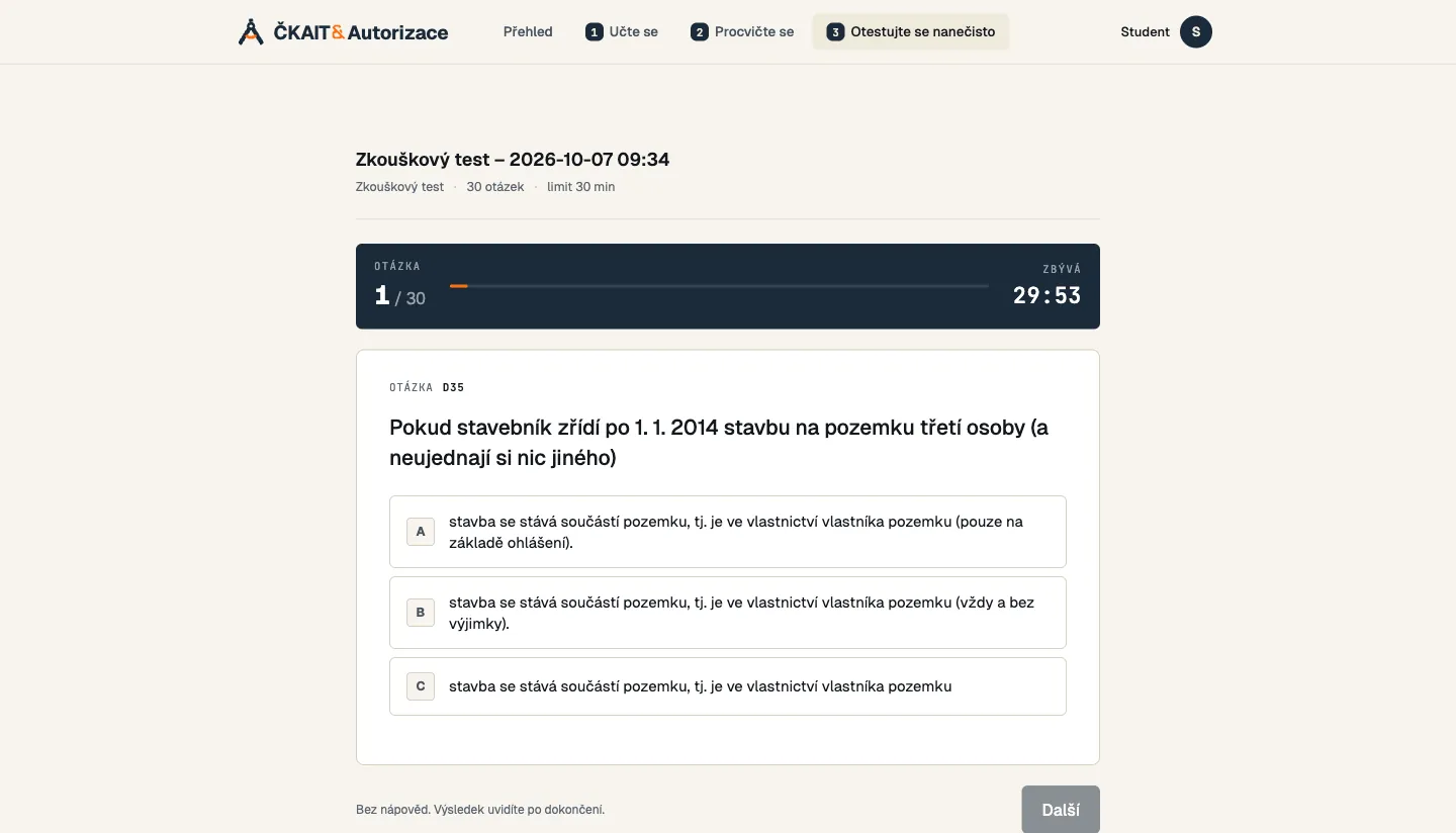 Časovaný test nanečisto se 30 otázkami a odpočtem času