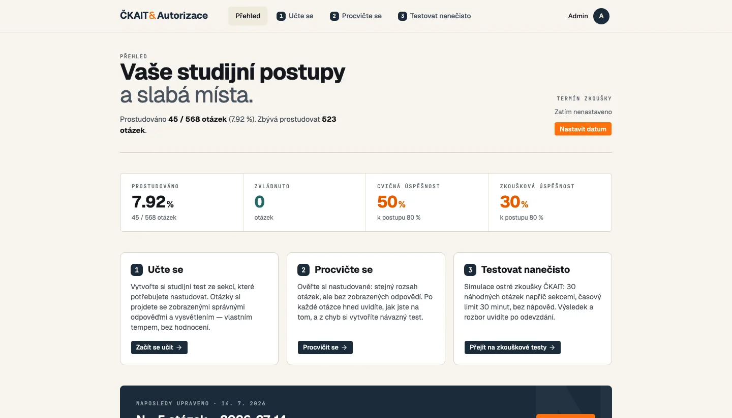 Přehled aktuální aplikace se třemi kroky a statistikami postupu