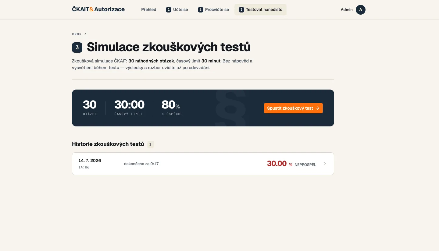Stránka časovaného testu s parametry 30 otázek, 30 minut a 80 procent