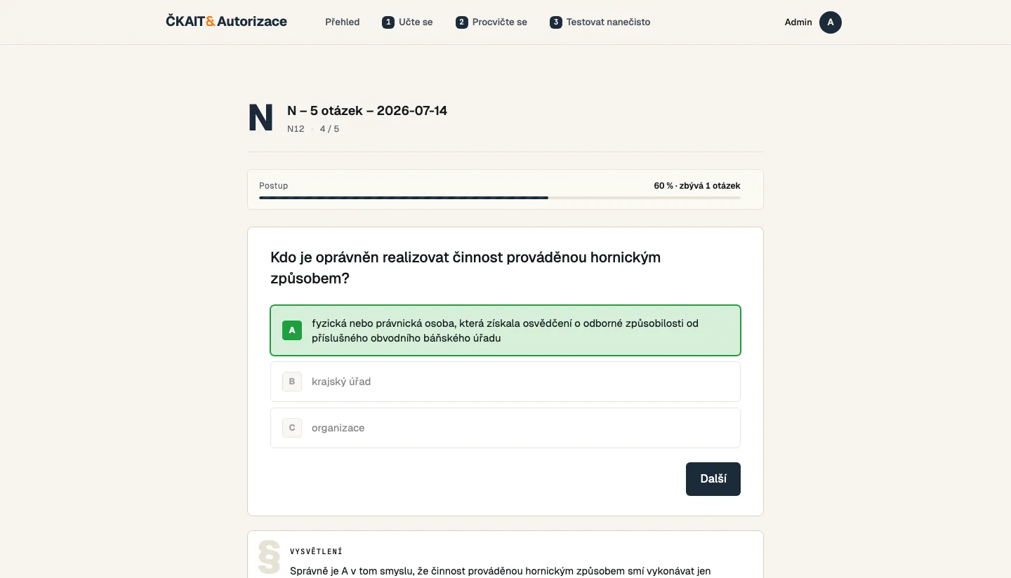Příprava na autorizační zkoušku ČKAIT: otázka s odhaleným vysvětlením a odkazem na paragraf